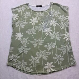 ECLA Palm Tree Top Women PL Sage Green Metallic Leaf Cap Sleeve Tropical Boho